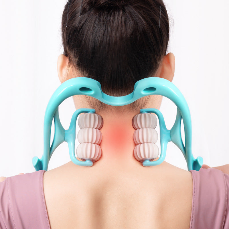 BuzzNest 6-Roller Manual Neck Massager with Natural Jade Scraping Board